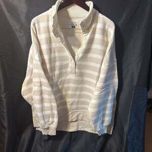 American Eagle Cream and Brown Striped Terry Henley Sweatshirt